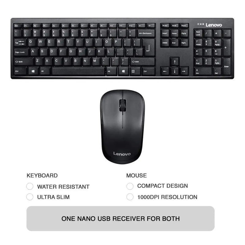 Lenovo 100 2.4GHz Wireless Keyboard & Mouse Combo 1YR Of Battery Life 1000DPI-Black(Open Box)