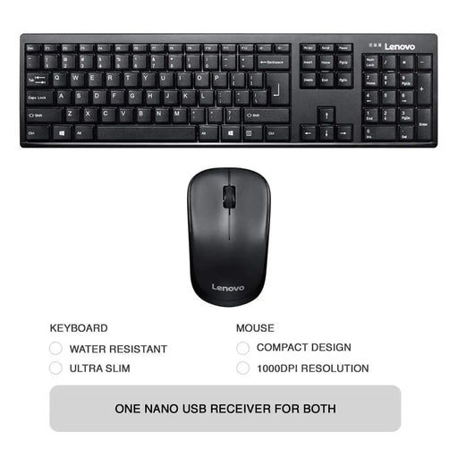 Lenovo 100 2.4GHz Wireless Keyboard & Mouse Combo 1YR Of Battery Life 1000DPI-Black(Open Box)