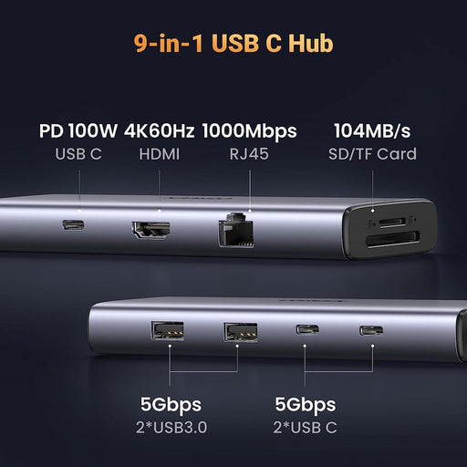 Ugreen 15375 9 In 1 Usb Type C Hub(4K@60Hz HDMI/USB-C & USB-A Ports/Ethernet/100W PD/SD/TF Card Reader)