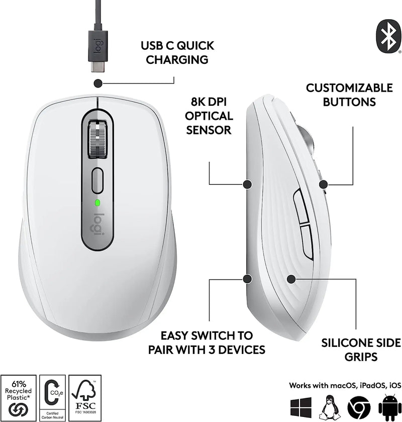 Logitech 910-006933 MX Anywhere 3S Bluetooth Wireless Mouse-Pale Grey