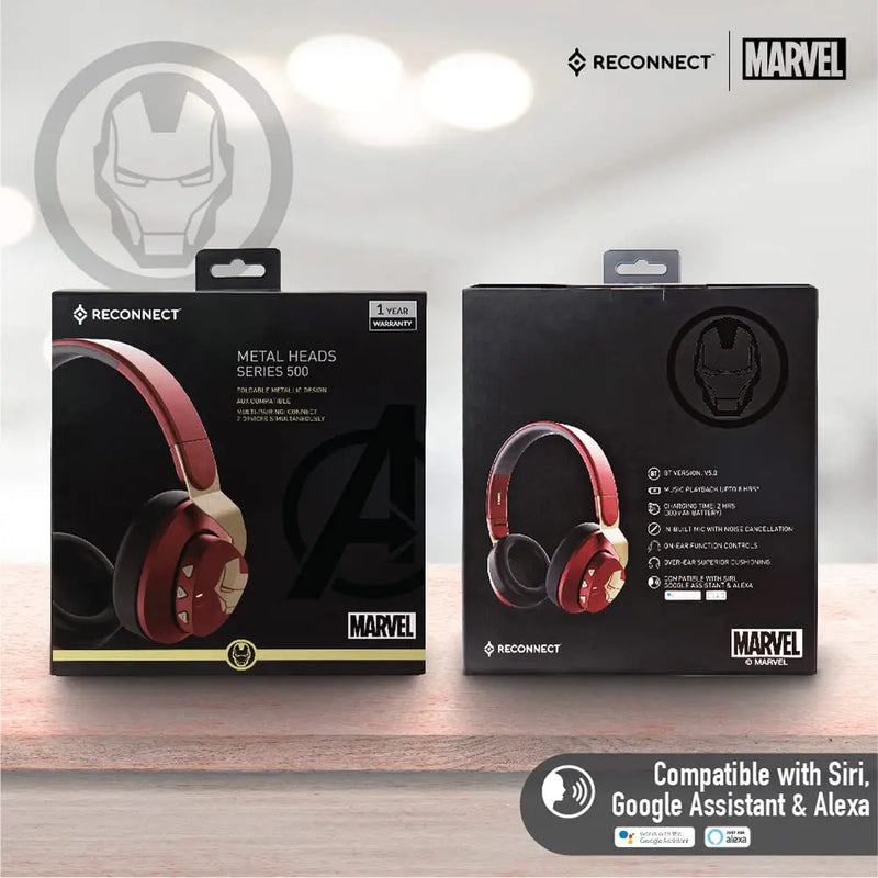 Reconnect Marvel Iron Man Wireless Over Ear Metallic Headphone With Built-In Mic(Red)
