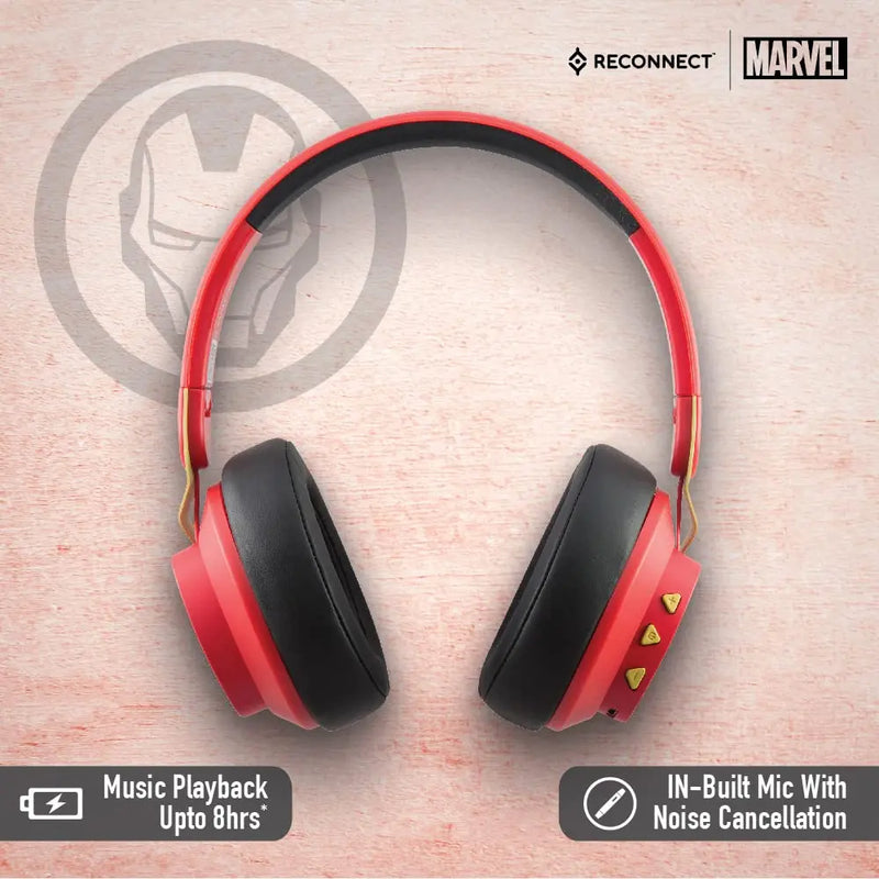 Reconnect Marvel Iron Man Wireless Over Ear Metallic Headphone With Built-In Mic(Red)
