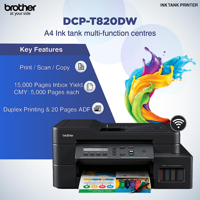 Brother DCP-T820DW Wi-Fi & Auto Duplex Color Ink Tank All In One Printer For Home & Office-Black
