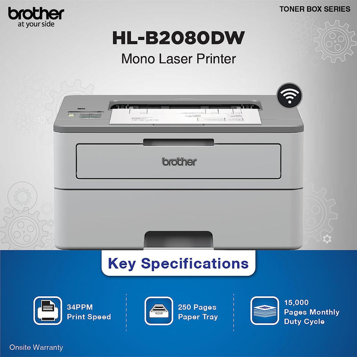 Brother HL-B2080DW Mono Laser Printer With Auto Duplex & Wi-Fi Printing (Toner Box Technology)-Gray