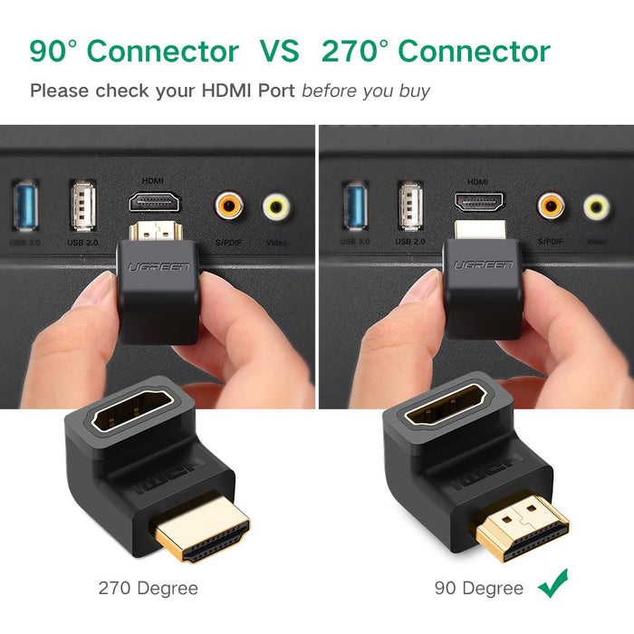 UGREEN 20109 HDMI Adapter Right Angle 90 Degree Gold Plated HDMI Male To Female Connector Supports 4K For TV Stick