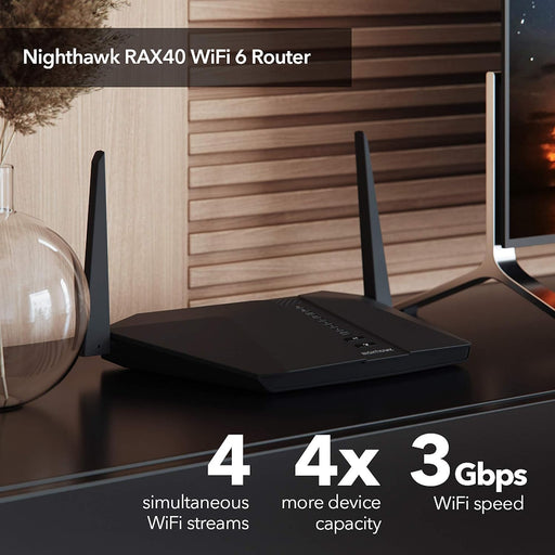 NETGEAR ‎RAX40-100NAS Nighthawk AX4 4-Stream WiFi 6 AX3000 Router(3Gbps/4 x1G Ethernet/1x 3.0 USB Ports)Black