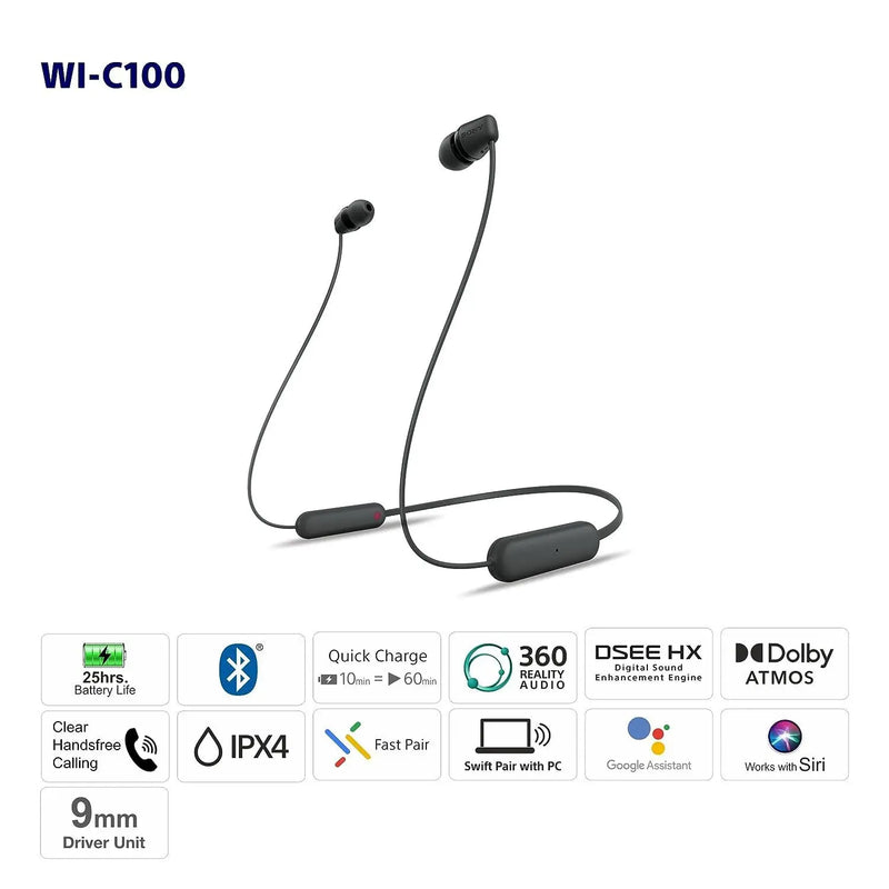 Sony WI-C100 Wireless In-Ear Bluetooth Headset With Mic - Black