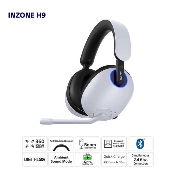 Sony INZONE H9, WH-G900N Wireless Over-Ear Noise Cancelling Gaming Headphones With 360 Spatial Sound-White