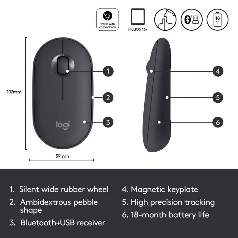 Logitech Pebble M350 Wireless Mouse With Bluetooth - Silent, Slim (Graphite)