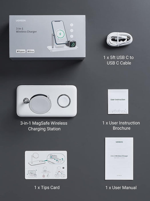 UGREEN 90326 3-In-1 15W MagSafe Wireless Charging Station Or Magnetic Charger(White)