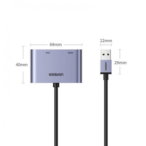 Ugreen 20518 USB 3.0 To 1080p HDMI + VGA Converter, Aluminum Case(15cm)