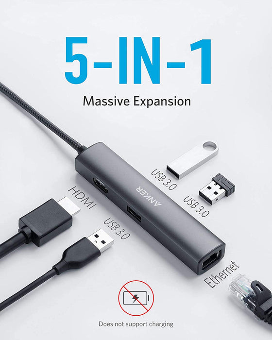 Anker USB C 5-in-1 Adapter with 4K USB C to HDMI, Ethernet, 3 USB 3.0 For MacBook Pro, iPad Pro, Pixelbook etc. (A8338)