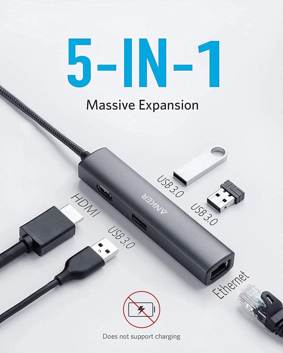 Anker USB C 5-in-1 Adapter with 4K USB C to HDMI, Ethernet, 3 USB 3.0 For MacBook Pro, iPad Pro, Pixelbook etc. (A8338)