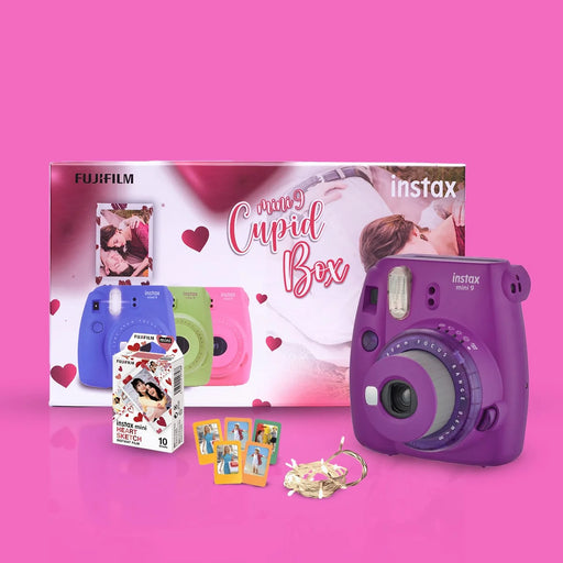 FUJIFILM! Instax Mini 9 Cupid Box With 10 Heart Film Shots, LED Bunting, 5 Fridge Magnets (Clear Purple)